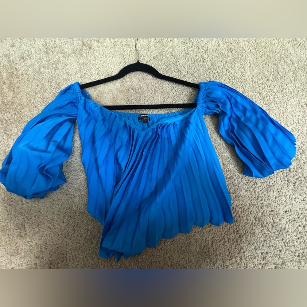 Express Off-the-Shoulder Accordion Pleated Crop Blouse / Light Blue / S - Picture 9 of 9